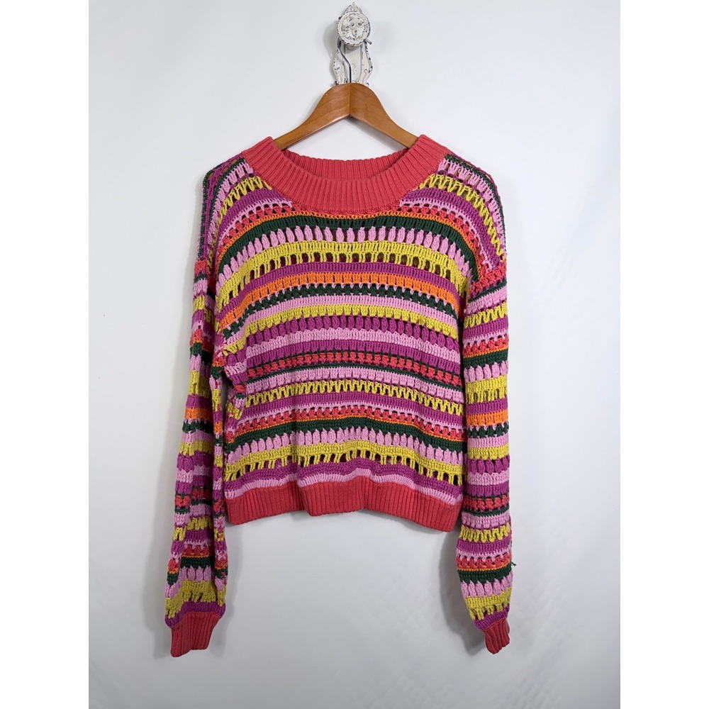 Farm Rio Fruit Dream Crochet Sweater M Multicolor Striped Knit Long Sleeve Boho